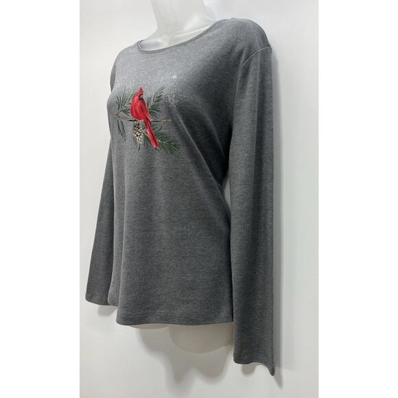 Croft & Barrow Classic Tee Holiday T-Shirt Tee Gray w Cardinal Bird Medium - Picture 5 of 7